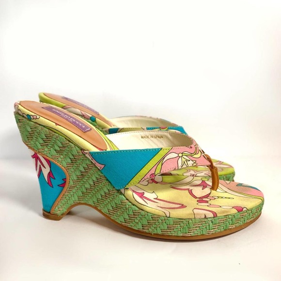 Emilio Pucci Abstract Psychedelic Green Blue Pink Heeled Flip Flop Wedges - Picture 2 of 4